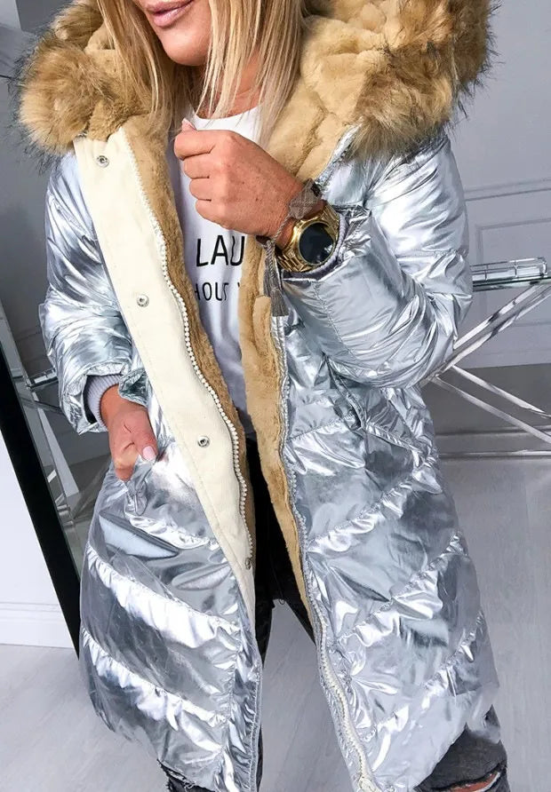 Women's Snow Jacket with Hood Trim & Snap Buttons | Long Puffer