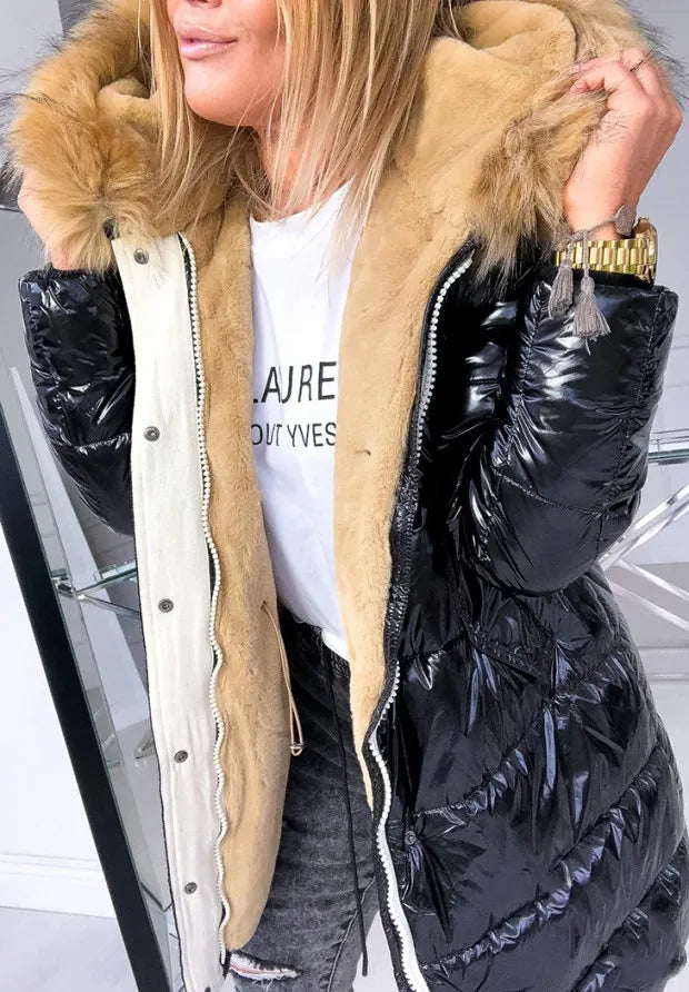 Women's Snow Jacket with Hood Trim & Snap Buttons | Long Puffer
