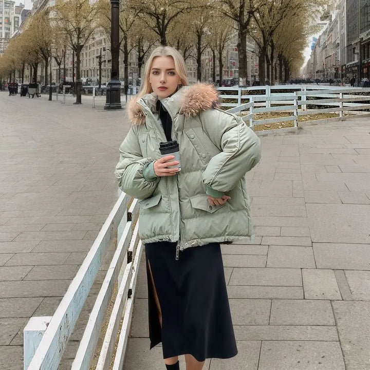 Women's Snow Jacket with Hood Trim & Snap Pockets | Oversized Puffer