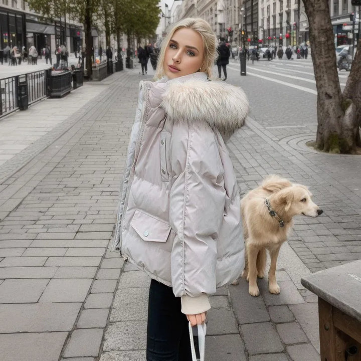 Women's Snow Jacket with Hood Trim & Snap Pockets | Oversized Puffer