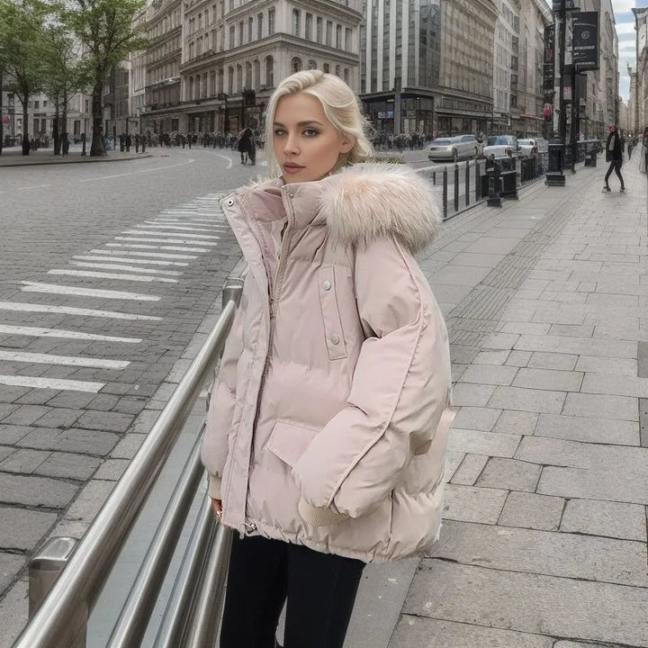 Women's Snow Jacket with Hood Trim & Snap Pockets | Oversized Puffer