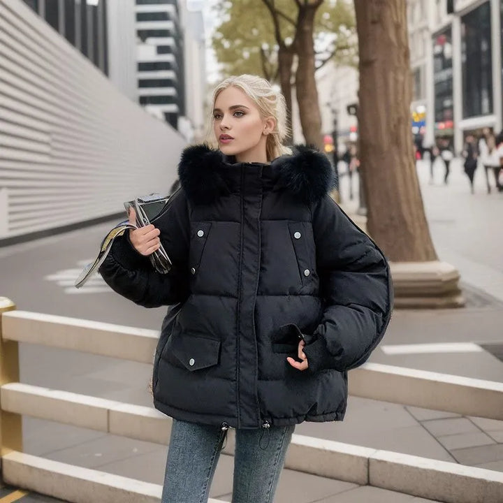 Women's Snow Jacket with Hood Trim & Snap Pockets | Oversized Puffer