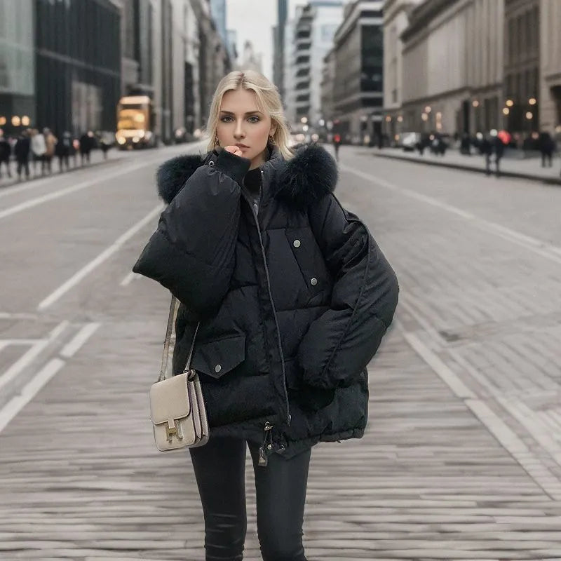 Women's Snow Jacket with Hood Trim & Snap Pockets | Oversized Puffer