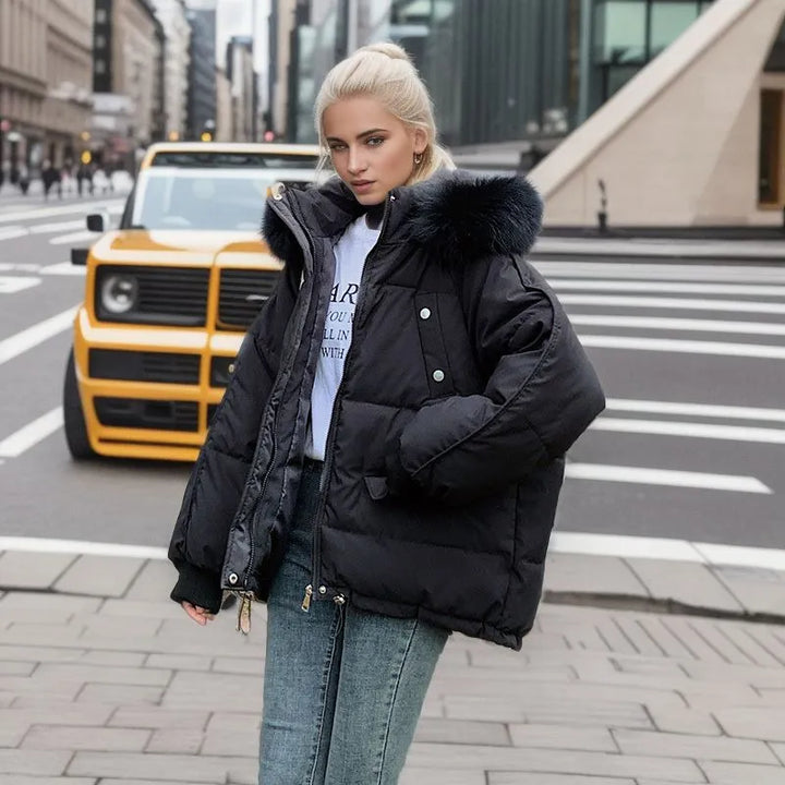 Women's Snow Jacket with Hood Trim & Snap Pockets | Oversized Puffer
