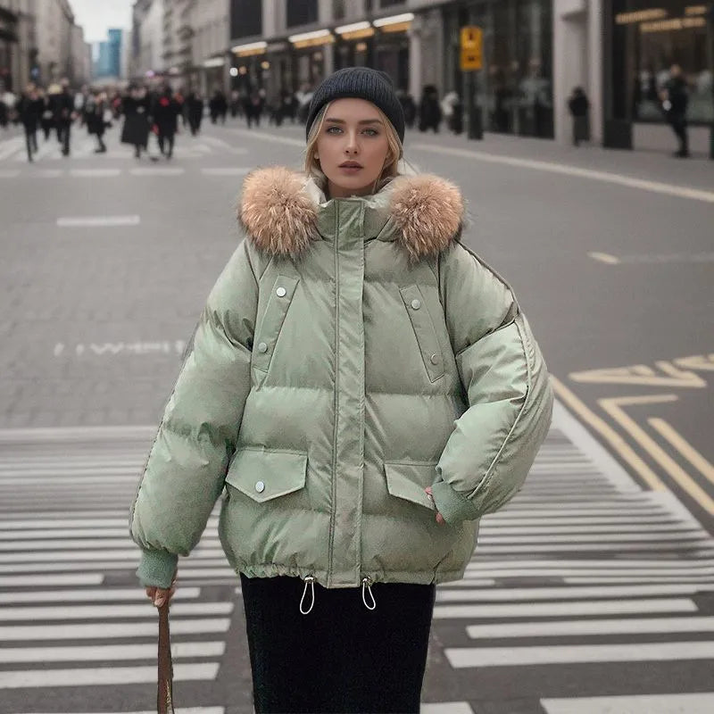Women's Snow Jacket with Hood Trim & Snap Pockets | Oversized Puffer