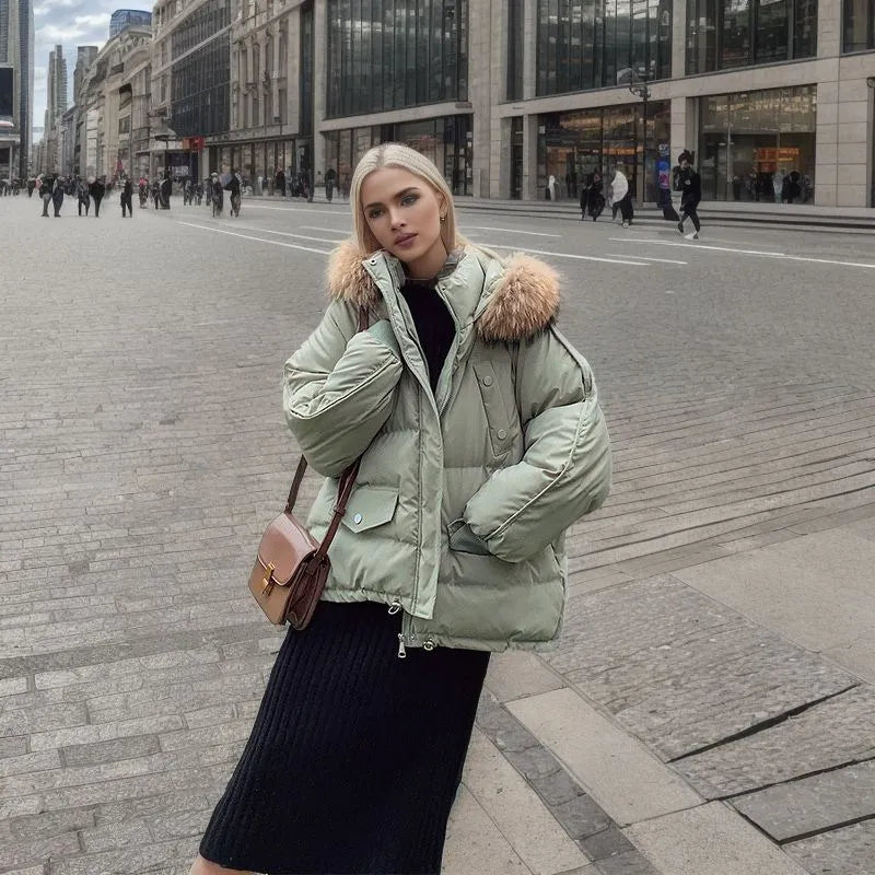 Women's Snow Jacket with Hood Trim & Snap Pockets | Oversized Puffer