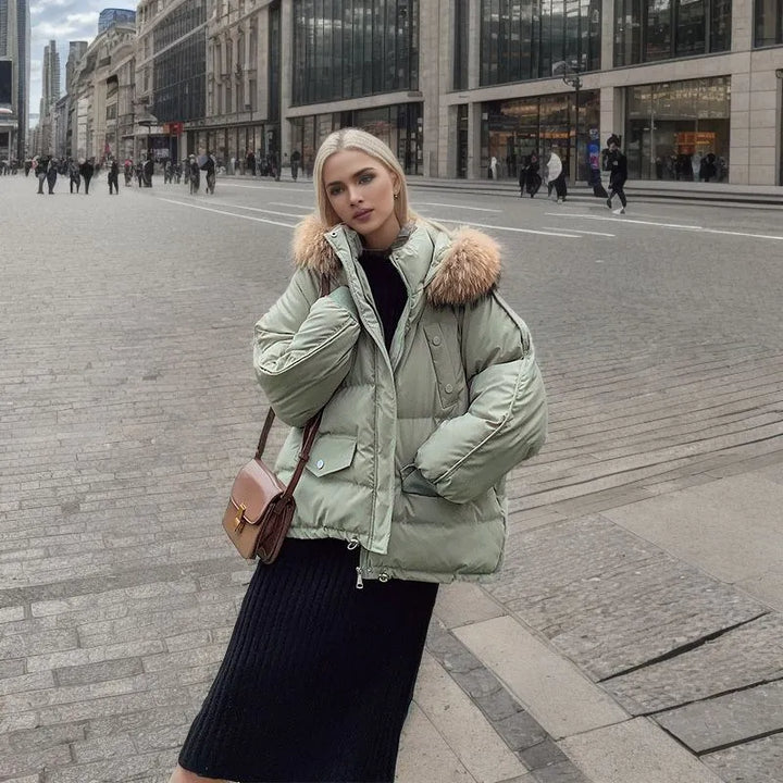 Women's Snow Jacket with Hood Trim & Snap Pockets | Oversized Puffer