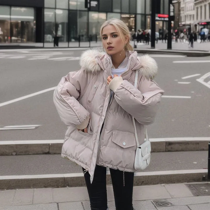 Women's Snow Jacket with Hood Trim & Snap Pockets | Oversized Puffer