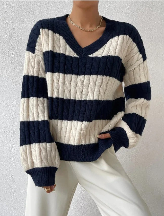 Women's Striped Cable Knit V-Neck Jumper | Balloon Sleeves