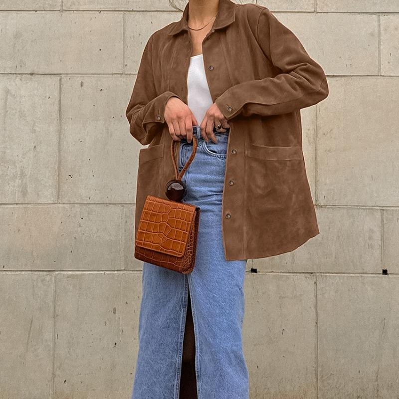 Women's Suede Jacket Oversized Button Up Patch Pocket | Casual