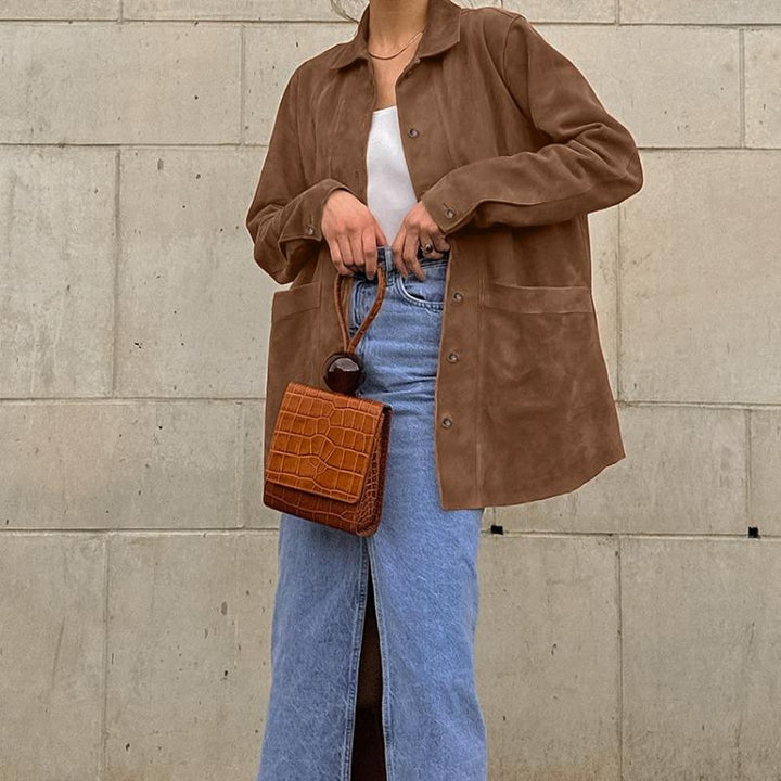 Women's Suede Jacket Oversized Button Up Patch Pocket | Casual