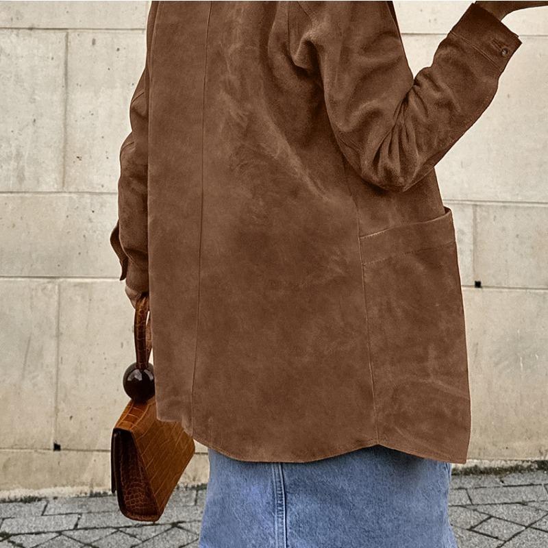 Women's Suede Jacket Oversized Button Up Patch Pocket | Casual