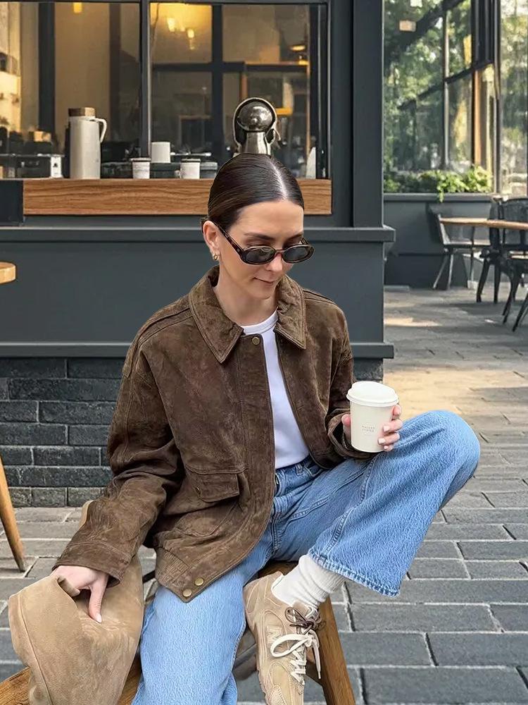 Women's Suede Jacket with Pockets & Collar | Bomber Style
