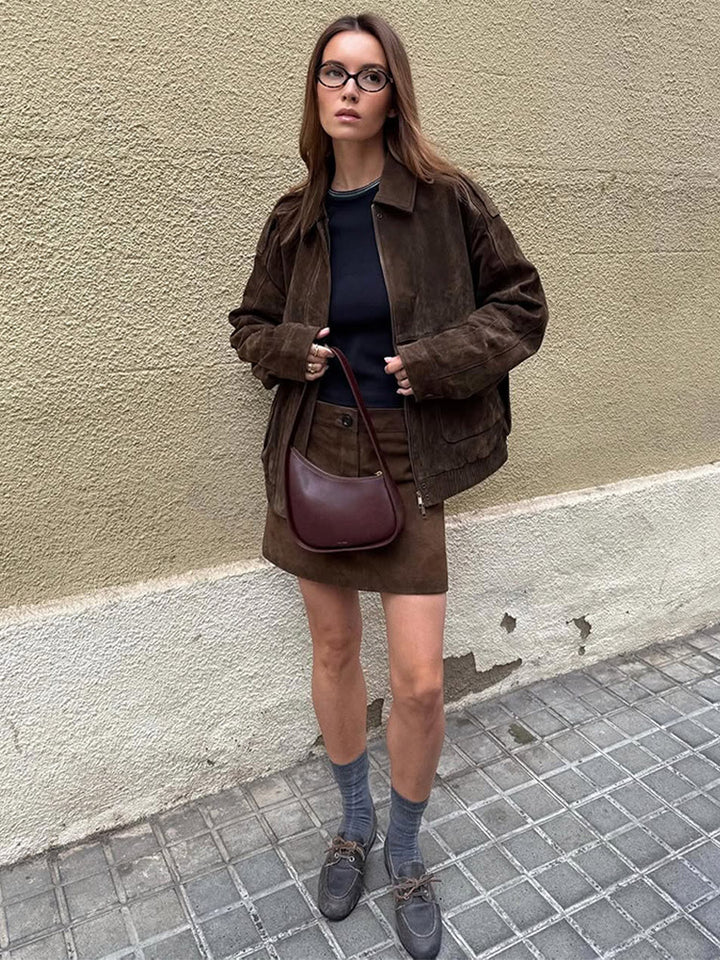 Women's Suede Jacket with Pockets & Collar | Bomber Style
