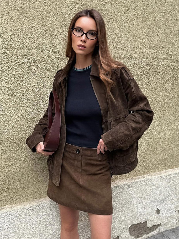 Women's Suede Jacket with Pockets & Collar | Bomber Style