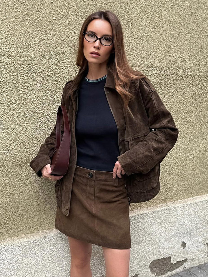 Women's Suede Jacket with Pockets & Collar | Bomber Style