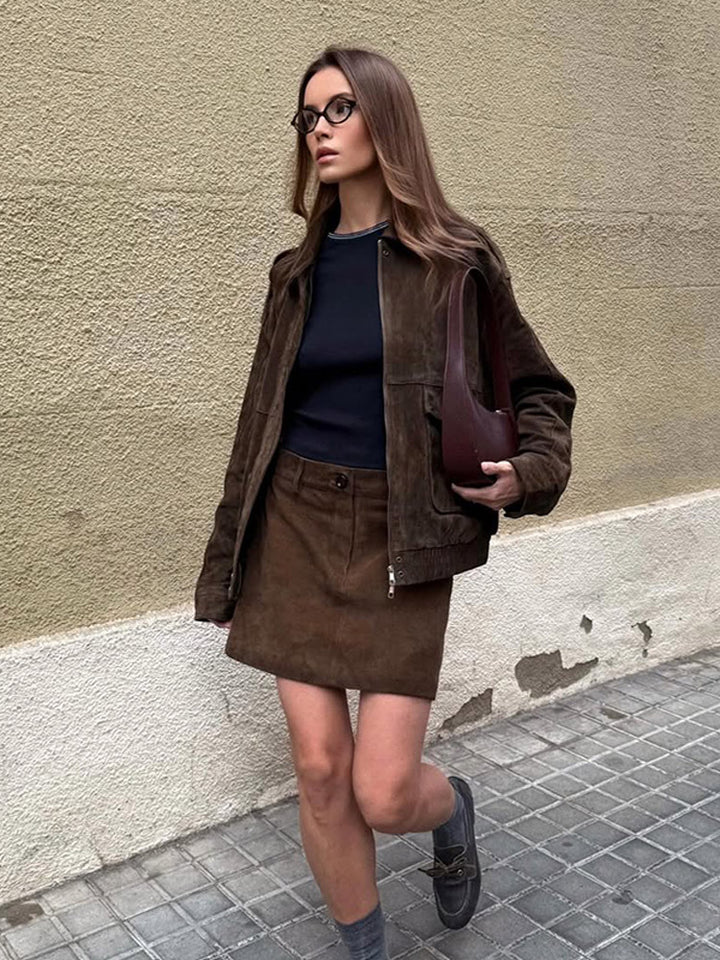Women's Suede Jacket with Pockets & Collar | Bomber Style
