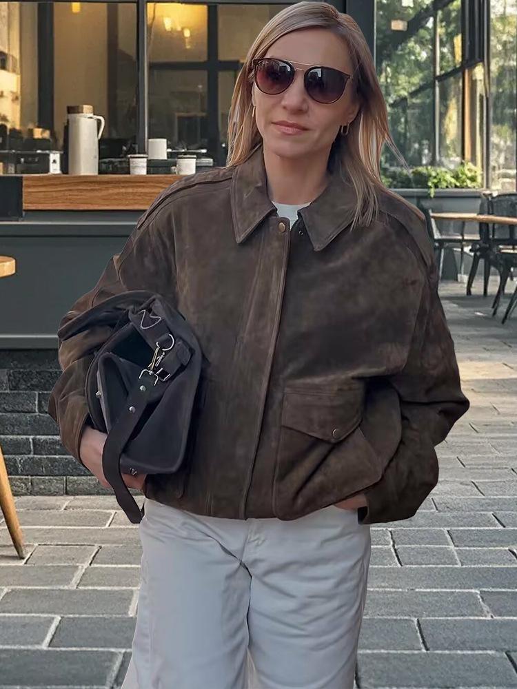 Women's Suede Jacket with Pockets & Collar | Bomber Style