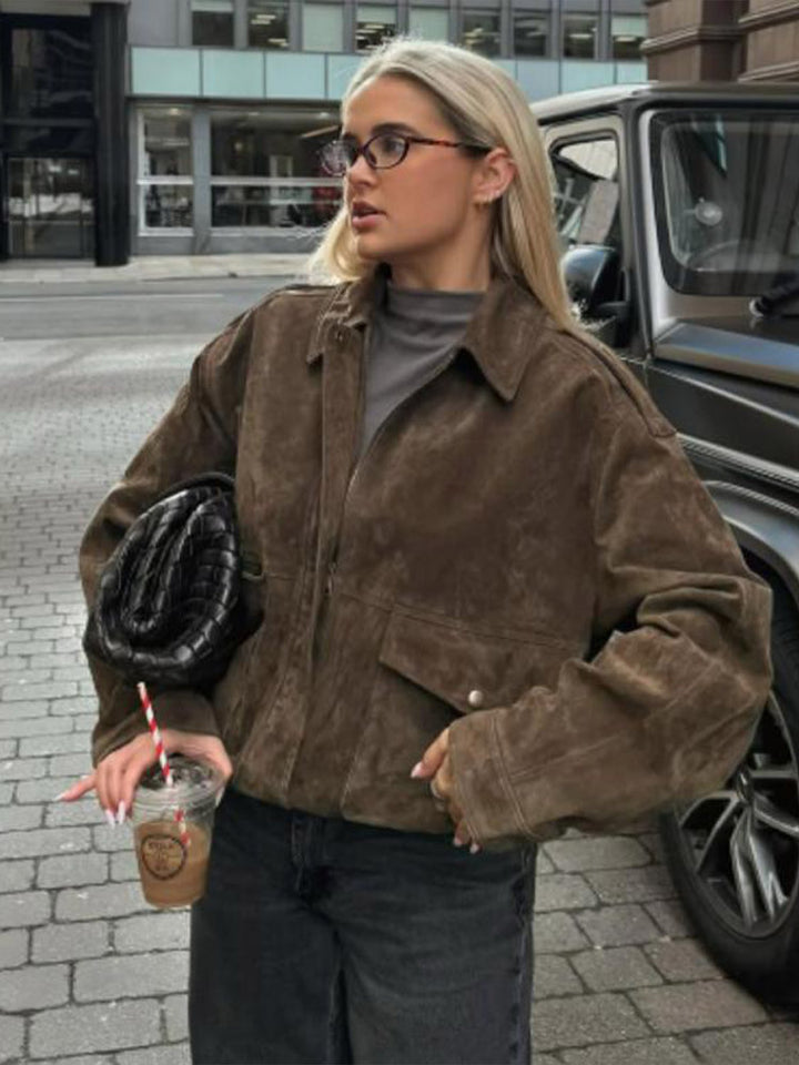 Women's Suede Jacket with Pockets & Collar | Bomber Style