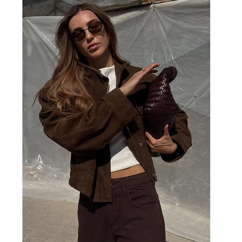 Women's Suede Jacket with Snap Buttons & Flap Pockets | Bomber