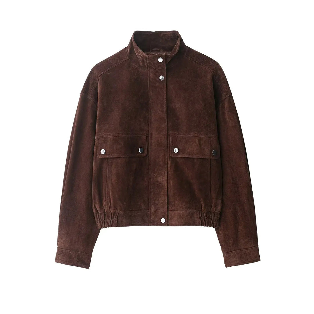 Women's Suede Jacket with Snap Buttons & Flap Pockets | Bomber