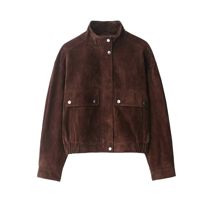 Women's Suede Jacket with Snap Buttons & Flap Pockets | Bomber