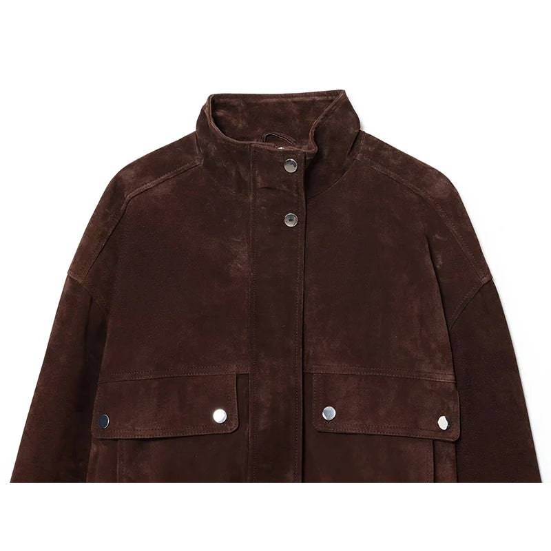 Women's Suede Jacket with Snap Buttons & Flap Pockets | Bomber