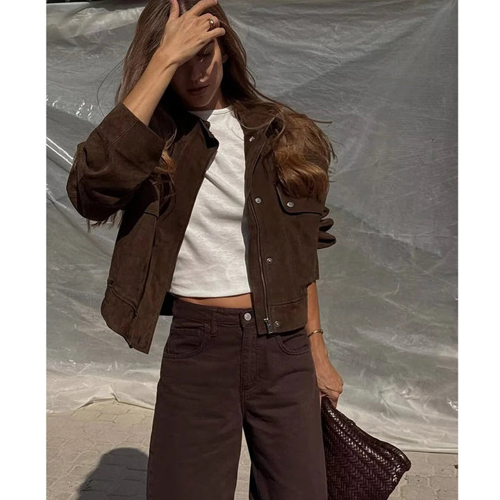 Women's Suede Jacket with Snap Buttons & Flap Pockets | Bomber