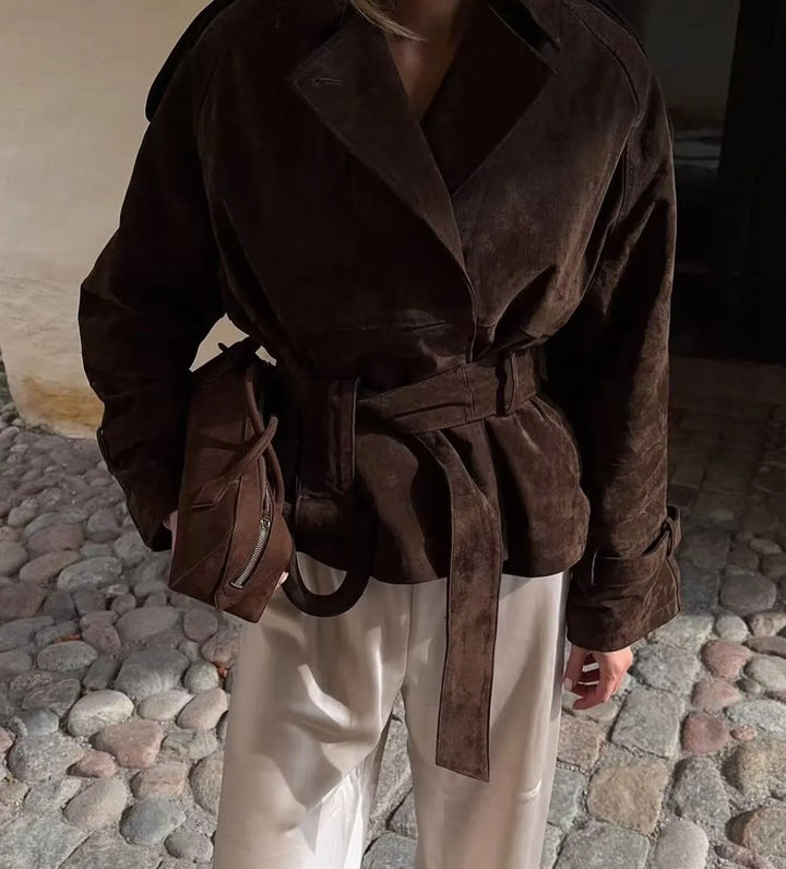 Women's Suede Jacket with Tie Belt & Notched Lapel | Trench