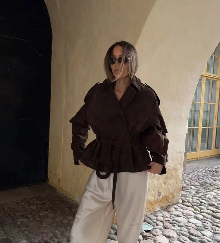 Women's Suede Jacket with Tie Belt & Notched Lapel | Trench