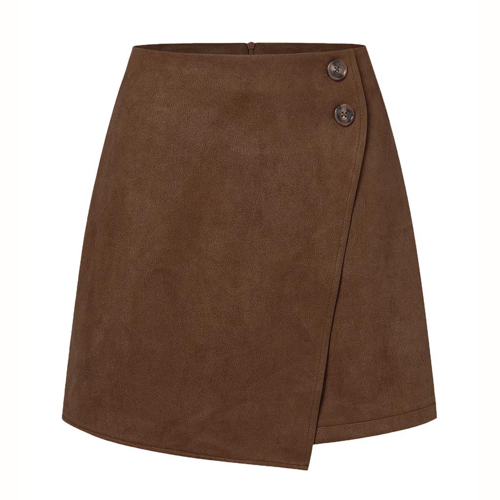Women's Suede Skirt with Buttons & Asymmetric Hem | Mini Wrap