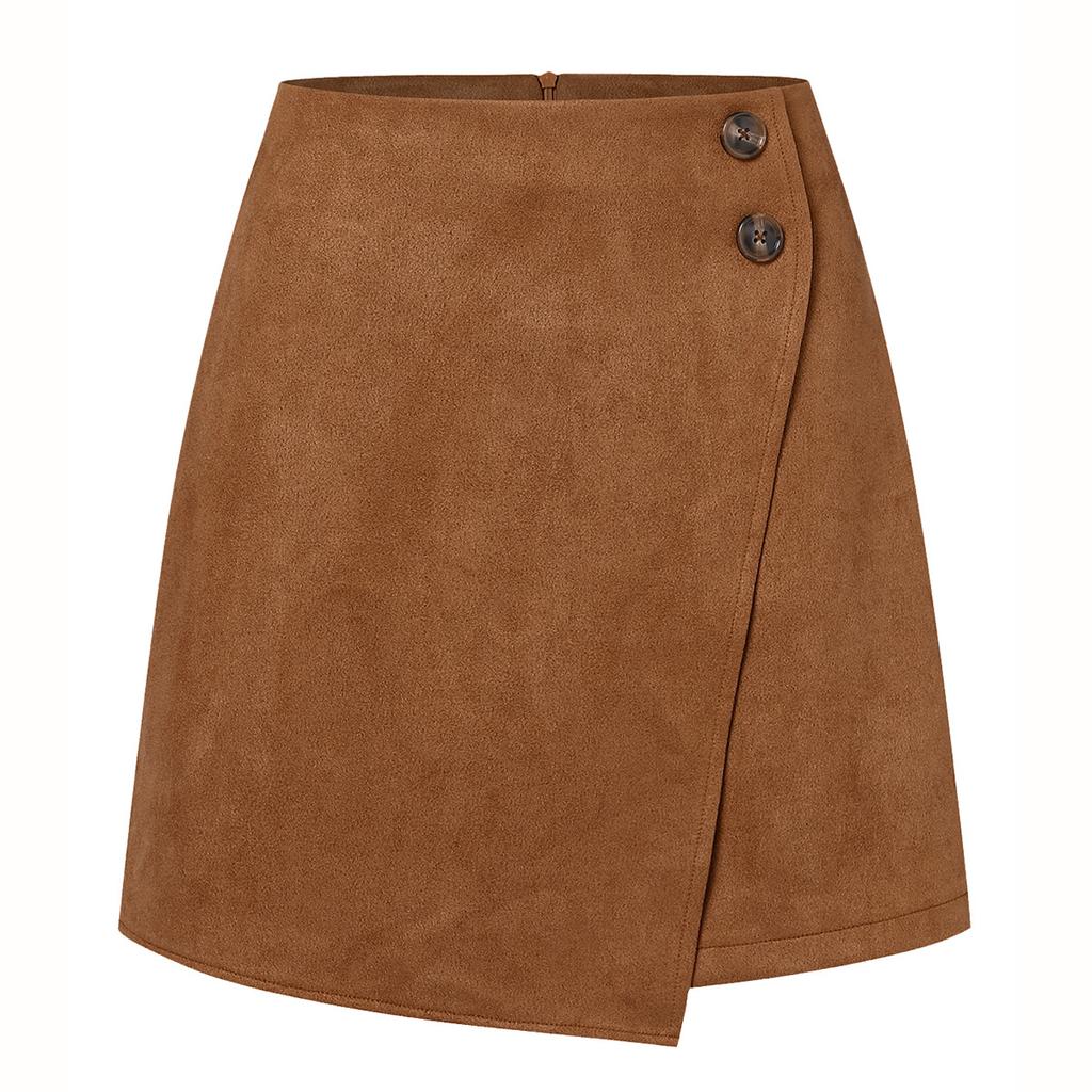 Women's Suede Skirt with Buttons & Asymmetric Hem | Mini Wrap