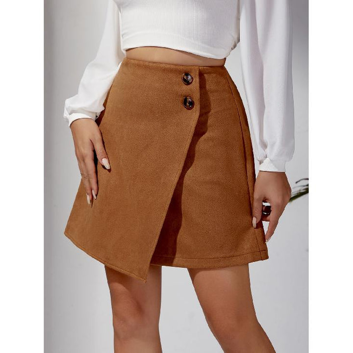 Women's Suede Skirt with Buttons & Asymmetric Hem | Mini Wrap