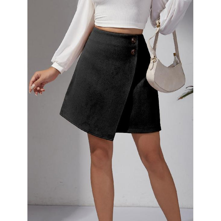Women's Suede Skirt with Buttons & Asymmetric Hem | Mini Wrap
