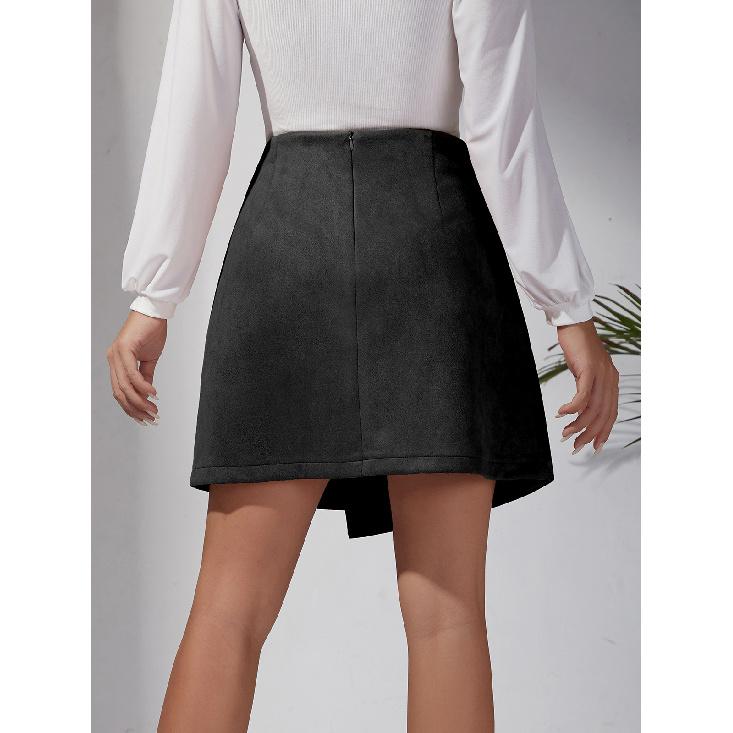Women's Suede Skirt with Buttons & Asymmetric Hem | Mini Wrap