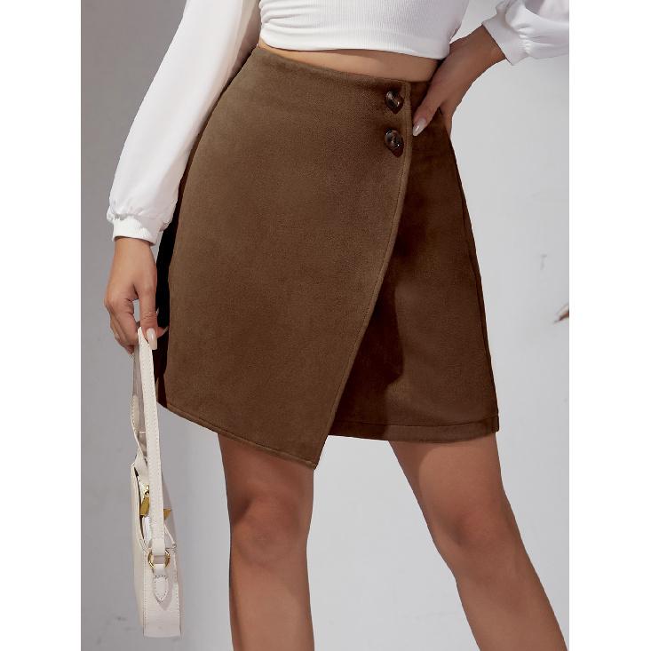 Women's Suede Skirt with Buttons & Asymmetric Hem | Mini Wrap