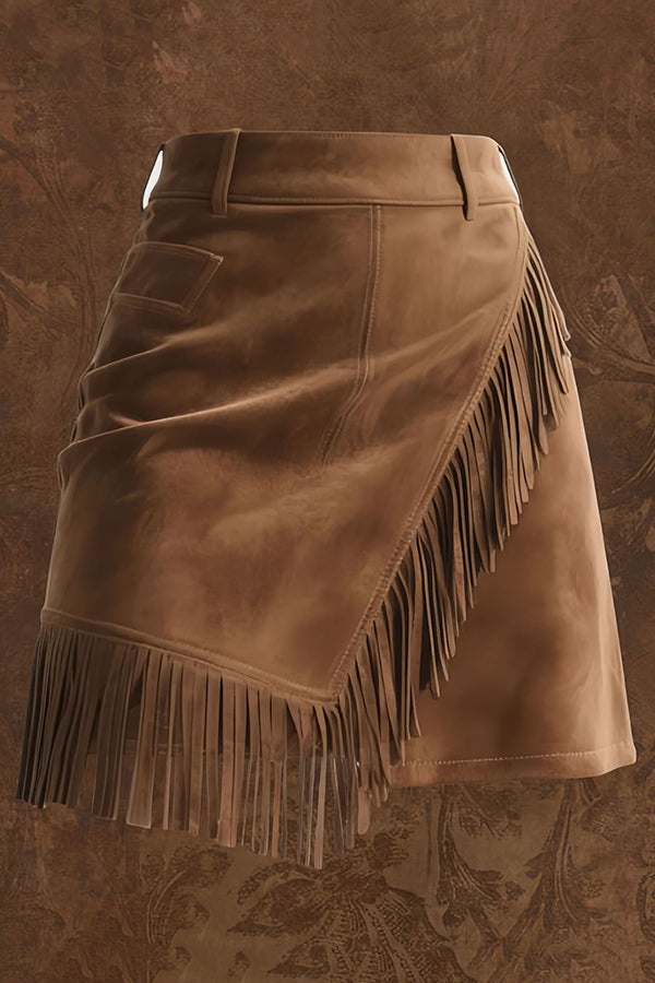 Women's Suede Skirt with Fringe Trim & Belt Loops | Mini