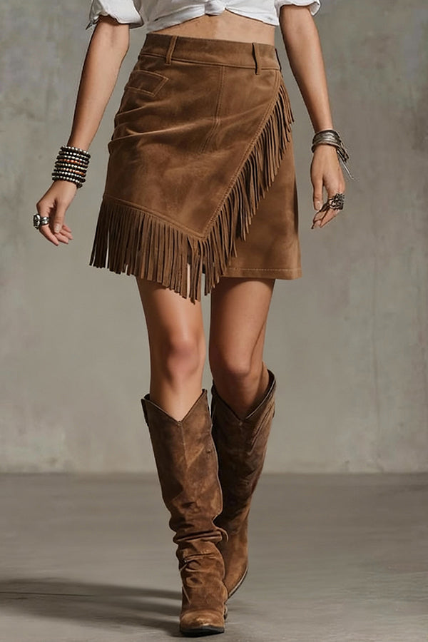 Women's Suede Skirt with Fringe Trim & Belt Loops | Mini