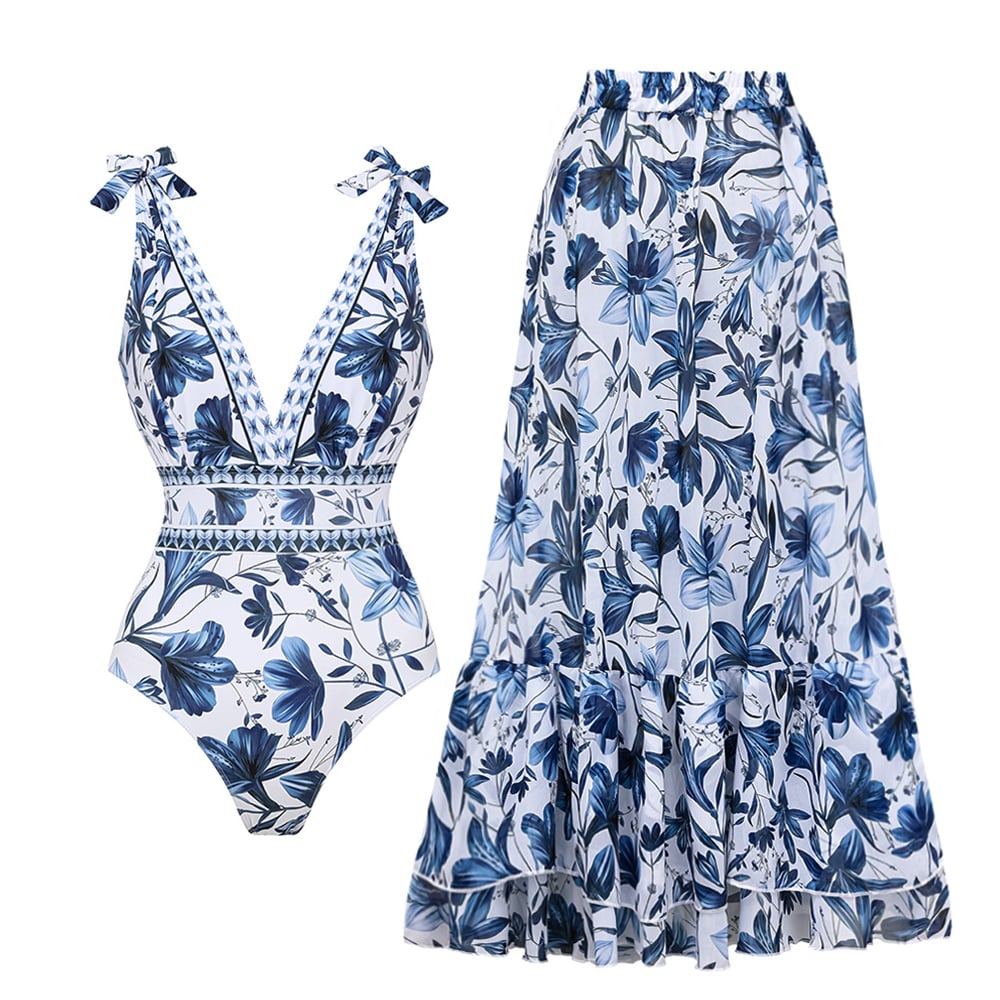 Women’s Swimwear Set V Neck One Piece With Skirt | Beach