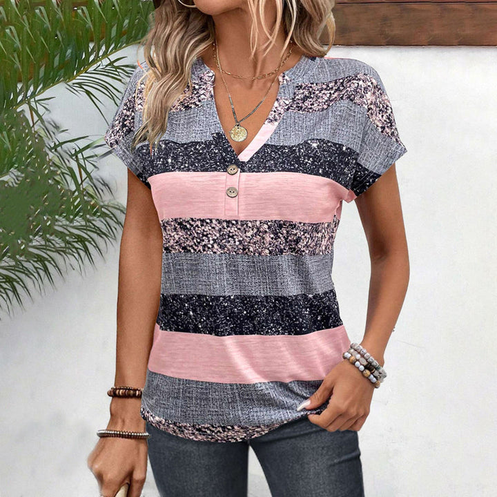 Women's T Shirt Striped Button Front | Short Sleeve