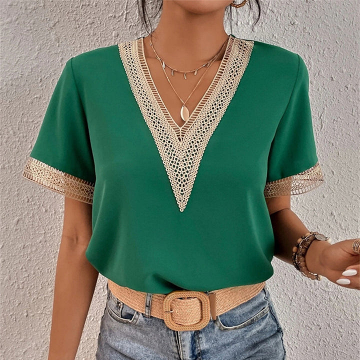 Women's T Shirt V-Neck Short Sleeve | Crochet Trim