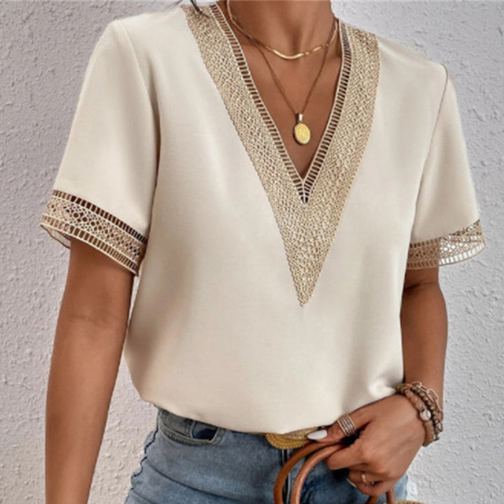 Women's T Shirt V-Neck Short Sleeve | Crochet Trim