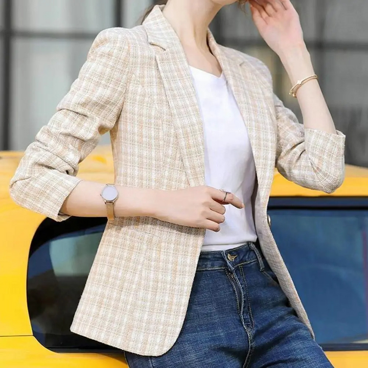 Women's Tailored Blazer with Plaid Print & Lapel | Casual Chic