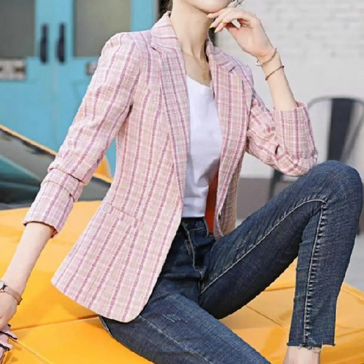 Women's Tailored Blazer with Plaid Print & Lapel | Casual Chic