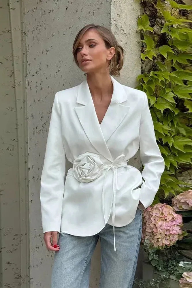 Women's Tailored Blazer with Rosette & Tie Belt | Wrap Front