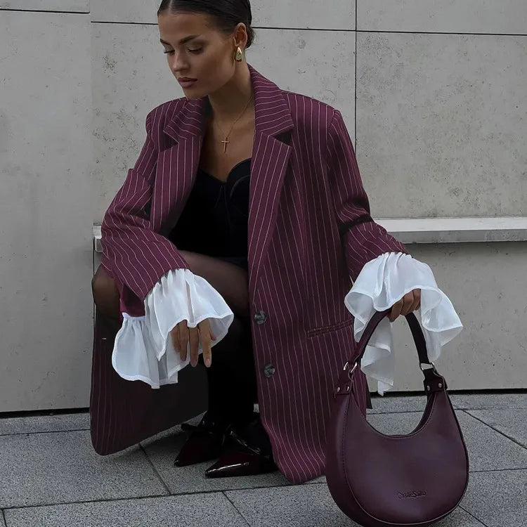 Women's Tailored Blazer with Striped Print & Ruffle Cuffs | Oversized