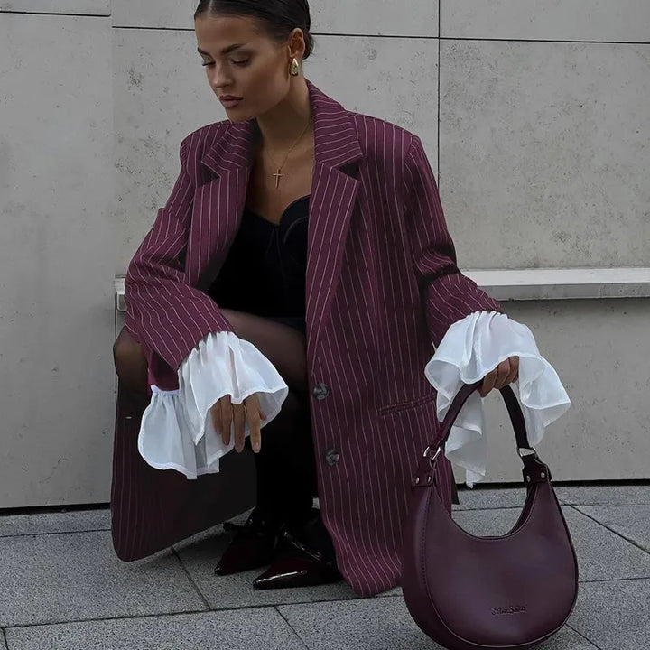 Women's Tailored Blazer with Striped Print & Ruffle Cuffs | Oversized