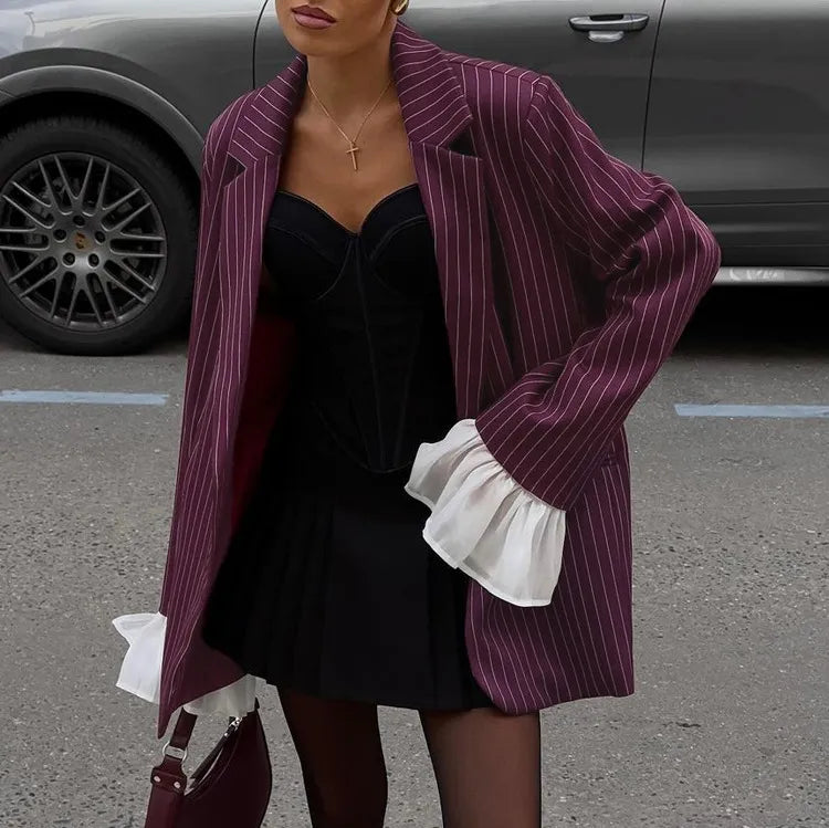 Women's Tailored Blazer with Striped Print & Ruffle Cuffs | Oversized