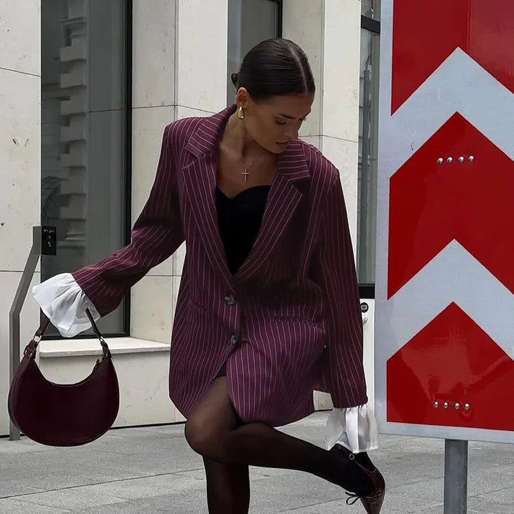 Women's Tailored Blazer with Striped Print & Ruffle Cuffs | Oversized
