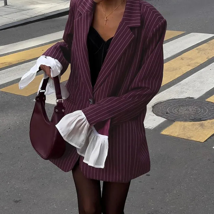 Women's Tailored Blazer with Striped Print & Ruffle Cuffs | Oversized